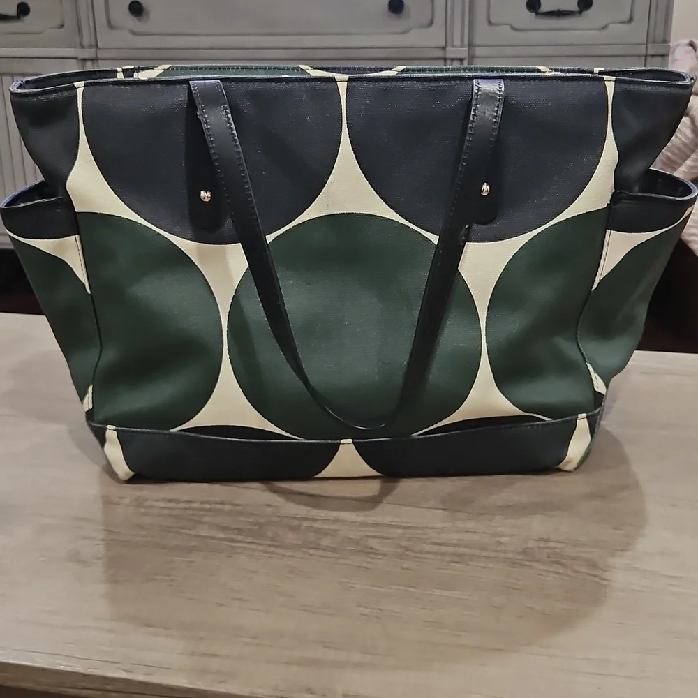 Kate Spade Dark Green & Cream Circle Diaper Tote with changing mat